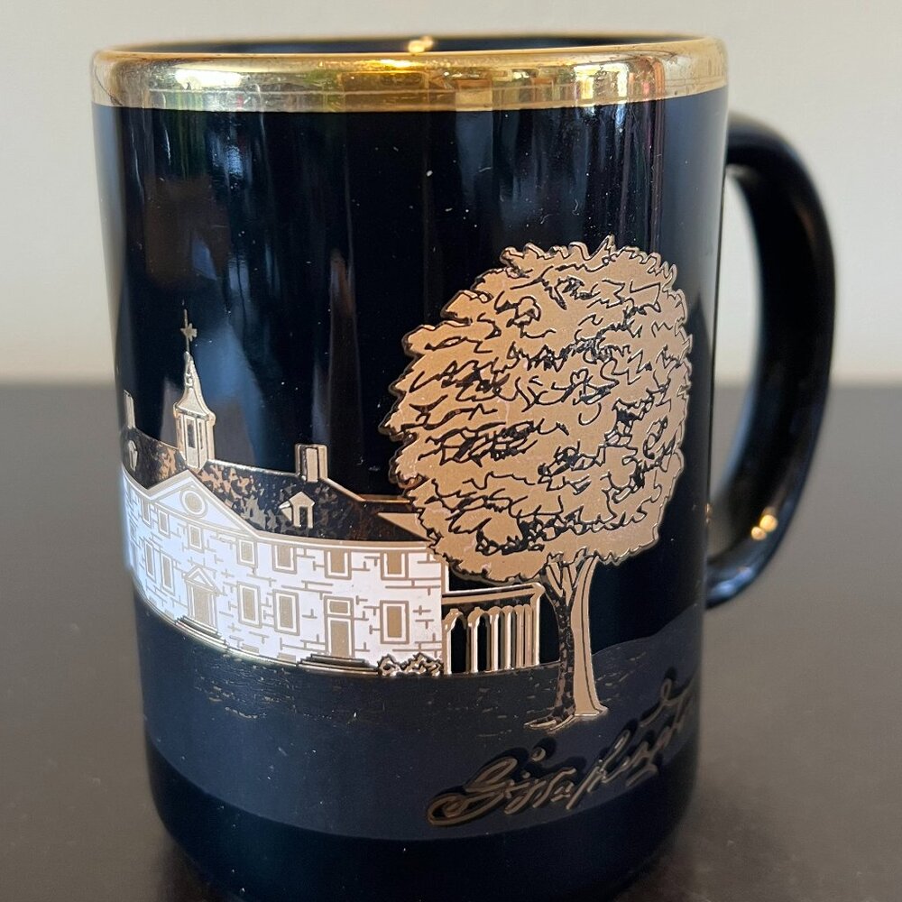 VTG Mount Vernon Souvenir Mug George Washington Estate Metallic Gold Black 14oz